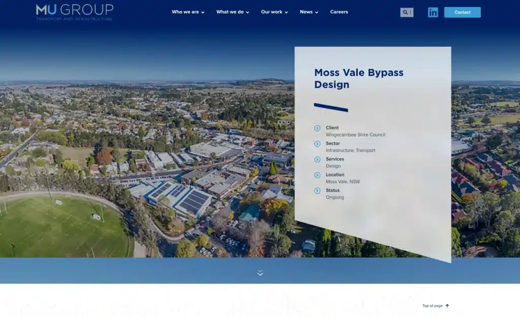Aerial view of Moss Vale town with an information box about the impactful design of the Moss Vale Bypass Design project by MU Group displayed in the foreground, as featured on their Case study website.